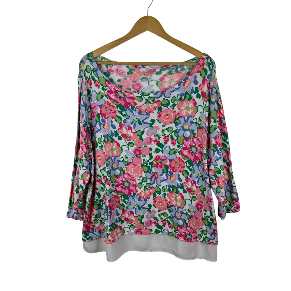 Talbots Floral Print Knit Top Size 2X Multicolor‎ Preppy Colorful Layered Hem